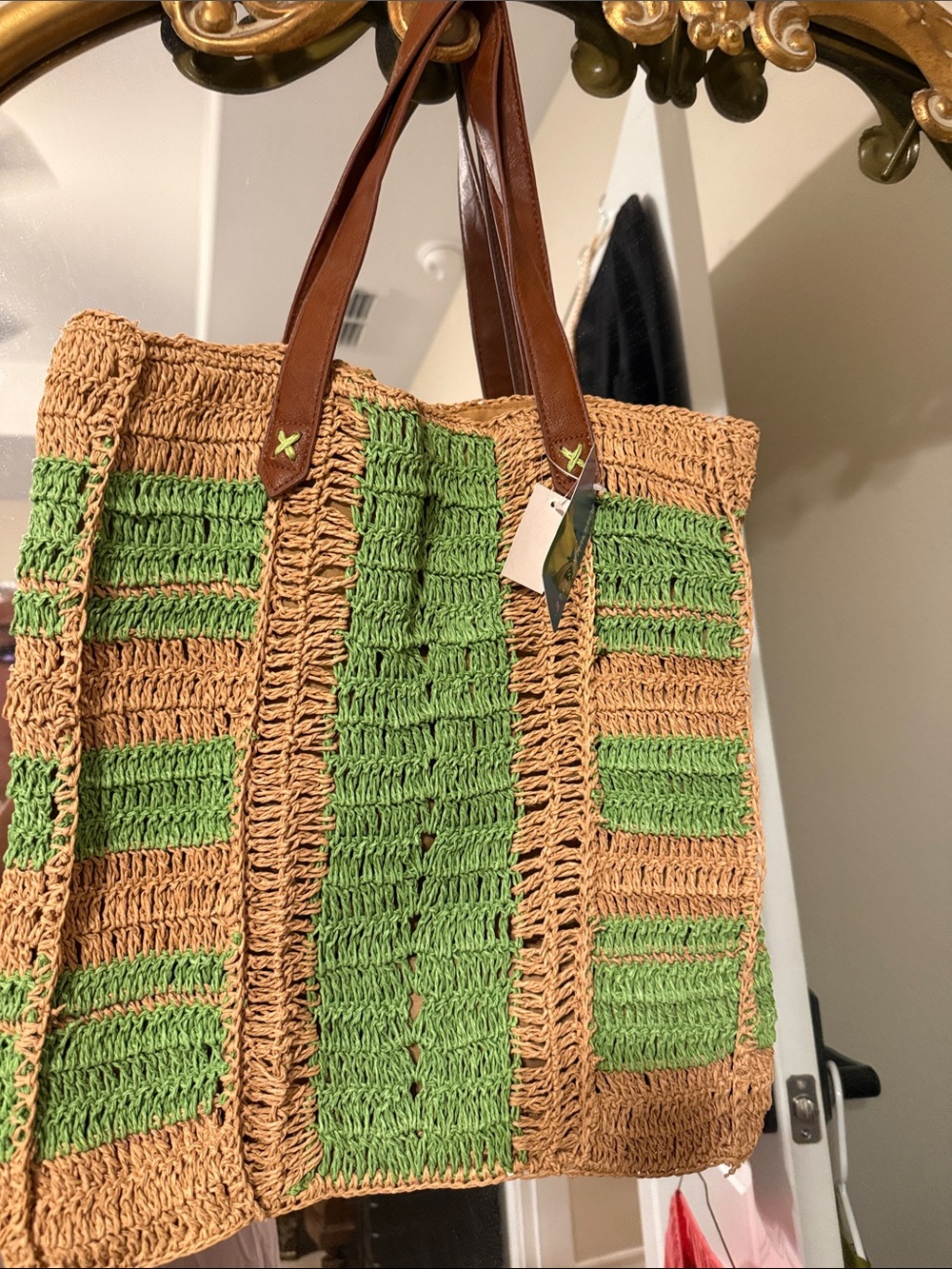 Woven Straw Tote with Green Stripe and Brown Handles
